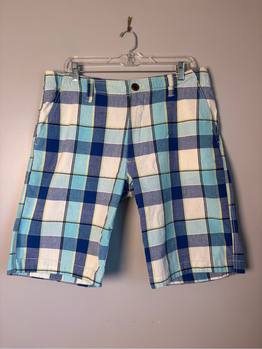 AÉROPOSTALE Mens Plaid Flat Front Shorts Blue White Green Size 33 A87 Logo